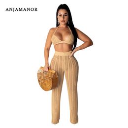 ANJAMANOR Crochet Knitted Summer 2 Piece Set Crop Top and Pants Sexy Beach Women Outfit 2019 Two Piece Matching Sets D48-AF10 T200702