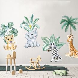 Cartoon African Animals Lion Tropical Leaves Watercolour Nursery Wall Sticker Peel and Stick Decals Kids Room Home Decor 220217