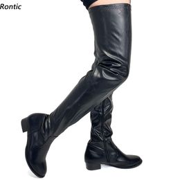 Rontic Personal Customize Женщины Зимние Ботинки Бедра Искусственные Кожа Плоские каблуки Круглый Носок Элегантные Черные Повседневные Обувь Размер США 5-20