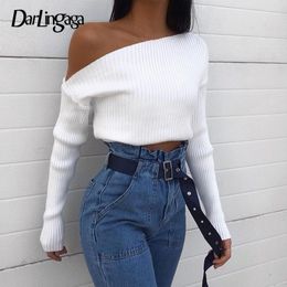 Darlingaga Oblique Collar Sexy Knitted Sweater Women Asymmetrical Pullovers One Shoulder Fashion Autumn Winter Sweaters Cropped 201109