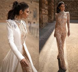 Illusion Prom Dresses High Collar Lace Applique Elegant Formal Dress With Jacket Long Sleeve Beaded Jumpsuits robes de soirée