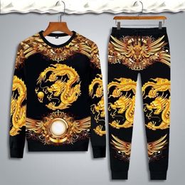 Men's Set Jogging Long-Sleeve T-Shirt Set Men Tracksuit Tops and Pants Mens Sweat Suits Dragon Tiger Printing Sets Men Clothing 201201