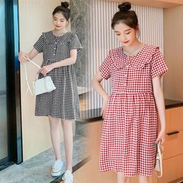 7018# Maternity Clothes Summer Cotton Plaid Short Sleeve fashion Loose Stylish Dress lactation for Pregnant Women Mom Dress LJ201123