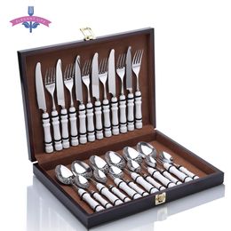 24PCS Cutlery Flatware Set Stainless Steel & Ceramic Tableware Food Set Knife Fork Spoon for Kitchen Home Party Wood Gift Box Y200111