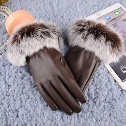 Five Fingers Gloves Female Winter Women Lady Black Leather Autumn Warm Fur Mittens L5010031