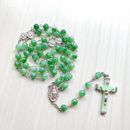 Green Glass Rosary Necklace Catholic Long Luminous Cross Necklace Religious Pray Jewellery