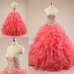 2020 New Watermelon Sweetheart Ball Gown Quinceanera Dresses Beads Sequined Ruffles Lace Up Sweet 16 Long Party Prom Gown
