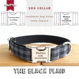 MUTTCO solid durable dog collar THE BLACK PLAID engraved pet name phone number Anti-lost convenient to walk the dog LJ201112