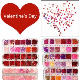 12 Grids Heart Nail Glitter Flakes 3D Sweet Sequins Design Nail Art Accessories Decals Valentines Day Decorations Manicure HHD4464
