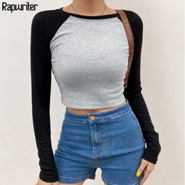 Contrast Colour Ribbed Y2k Aesthetic Harajuku Crop Tops Women Fall O-Neck Long Sleeve Casual Basic T Shirt Femme RapWriter 201125