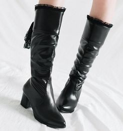 Ladies Chaussure Women Luxury Leather Lace Shoes Woman Zapatos Mujer Sapato Knee High Boots Chunky High Heels Booties XZ1812181
