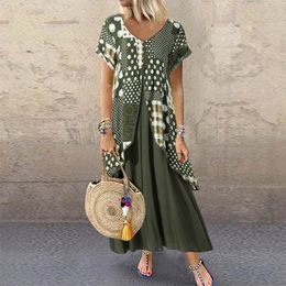 2020 ZANZEA Maxi Long Dress Autumn Summer Dress Women Polka Dot Print Patchwork SundressPleated Plus Size Sexy V Neck Vestidos Y0118