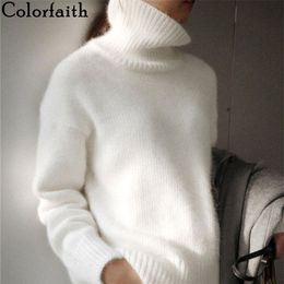 Colorfaith New Autumn Winter Women Sweater Turtleneck Pullovers Bottoming Fake Mink Cashmere Oversize Beige Tops SW1157 201224