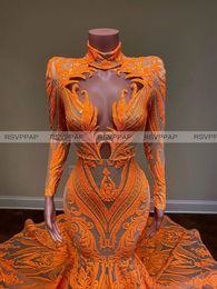 Sparkly Orange Long Prom Dresses High Neck Sleeve High Neck Sexy African Women Black Girls Mermaid Sequin Prom Gowns