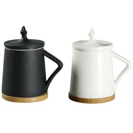 Black pottery office drinking cup with lid large capacity white pottery mug meeting tea cup with bamboo bottom