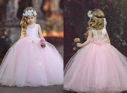 New Tutu Ball Gown Flower Girl Dresses Straps Pink Tulle Princess Handmade Flowers Long Birthday Party Gown Cute Toddler Pageant Dress