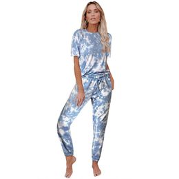 Summer 2020 Pajama Set Tie Dye Sleepwear Nightwear Women Pajamas Short Sleeve Top Shirt and Drawstring Pants 2 Pieces Loungewear T200707