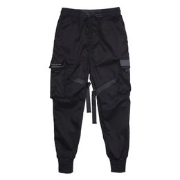 Men Cargo Pants Black Streetwear Ribbons Block Multi Pocket Harem Joggers Harajuku Sweatpant Hip Hop Casual Male Trousers 201221