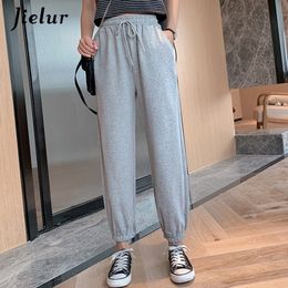 Jielur Candy Color Orange Pink Gray Sports Pants Female Street Leisure BF Harajuku Harem Pants S-XL Autumn Women Sweatpants 201119