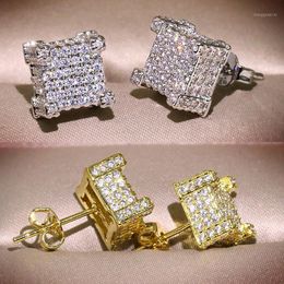 Hip Hop Stud Earrings For Men Women Copper Gold Colour Square Cubic Zircon Earrings Women Men Fashion Luxury Golden Bling1