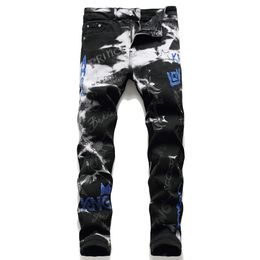Black Embroidered Men's Jeans Summer Ripped Slim-Fit Stretch Pants Pantalones Para Hombre Vaqueros