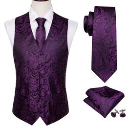 4PC Mens Silk Party Wedding Purple Paisley Solid Floral Waistcoat Vest Pocket Square Tie Slim Suit Set Barry.Wang BM- Y201026