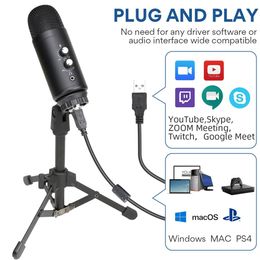 Micrófono condensador de estudio con USB para Streaming, para grabación de ordenador, cantar, Gaming, PC, con soporte de trípode, filtro Pop