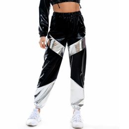 Women Reflective Long Pants with Pockets High Waist Loose Holographic Patchwork Trousers Club Dance Jogger Pants Clubwear LJ201130