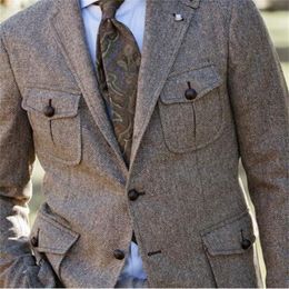 Vintage Wool hunting coat men Multi Pocket American work suit herringbone tweed jacket spring and autumn trend men suit blazer Y200107