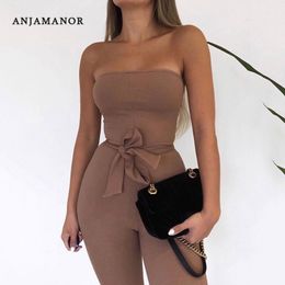 ANJAMANOR Sexy Strapless Bodycon Jumpsuit with Belt Ribbed Knitted Fall Winter Clothes for Women Club Party Romper D92-AC72 201007