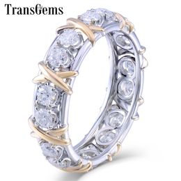 TransGems Solid 14K 585 Yellow and White Gold Moissanite Diamond Eternity Wedding Band Engagement Anniversary Ring for Women Y200620