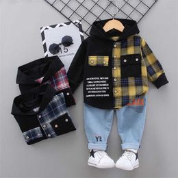 Baby Boy girl Clothing Sets Toddler Boys hooded sweatshirt Short Sleeve Pattern Shirt Jacket+ Denim Pants Kids born Outfits 211224