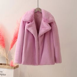 ZADORIN Plus Size Preppy Style Women Winter Warm Furry Loose Pink Faux Fur Coat Solid Lapel Fake Fur Jacket Female Outerwear 201029