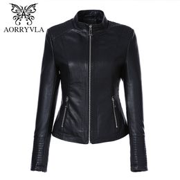 AORRYVLA Plus Size Women's Leather Jacket Mandarin Collar Zipper Black Faux Leather Jacket Slim Style Autumn Female Outwear 201226