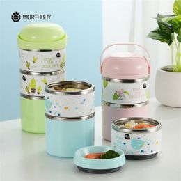 WORTHBUY Cute Japanese Thermal Lunch Box Leak-Proof Stainless Steel Bento Box For Kids Portable Picnic School Food Container Box 201208