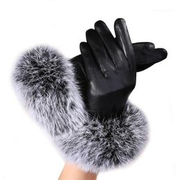 Five Fingers Gloves 2021 Autumn Winter Women Lady Black Leather Warm Fur Mittens Thick Spring #O91