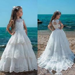 New Flowergirl Dresses Jewel Neck Floral Lace Top A Line Tiered Tulle Skirt Hollow Lace-up Back Flower Girls Dresses for Weddings