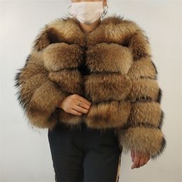 Winter Women Real Natural Raccoon Silver Fox Fur Detachable Sleeve Coat Length 50 cm 201111
