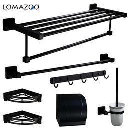 Accessories Stainless Steel Matte Black Double Bars Bathroom Hanger Shelf Rack Towel Ring LJ201209