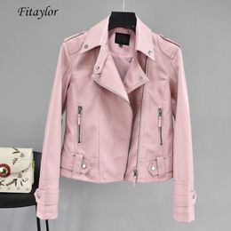 Fitaylor Autumn Short Faux Pu Leather Jacket Black Rivet Zipper Motorcycle Pink Jackets Coat Turndown Collar Casual Yellow Coats 201029