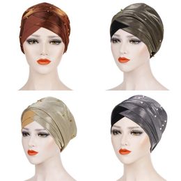 Fashion Two Color Turban Pin Beads Bright Silk Cloth Headgear Adult Muslim Hat Lady Elastic High Quality 10 5era O2