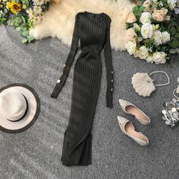 Fashion Button Sexy Slim Autumn Winter Bodycon Knit Sweater Midi Long Dress Party Women Casual Long Sleeve Split Sheath Vestidos 201008