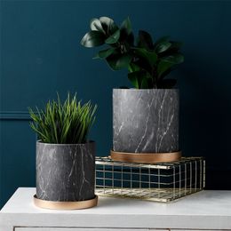 Black Marble Texture Flower Pots Planters Ceramic Vase Garden Pots Pen Holder Dest Top Decor LJ201208