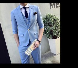 Summer solid color Korean style slim men's mid-sleeve suit three-piece suit three-piece suit waistcoat and nine-point pants