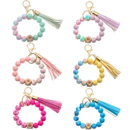 Colourful Silicone Beaded Bracelet Keychain Ladies Girls Tassel Keyring Jewellery Accessories