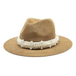 Summer New Fashion Pearl Knitted Hat Foldable Beach Sun Hat UV Protection Fedoras Jazz Caps Circle Yarn Straw Hats