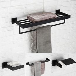 Modern Square Bathroom Hardware Set Wall Mounted Towel Rack Hook Paper Holder Toilet Brush Black Paint Finish LJ201209