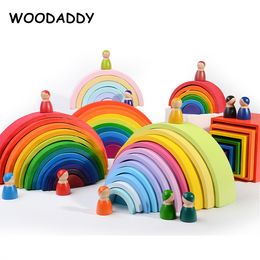 WOODADDY Rainbow Blocks Series 12Pcs Large Rainbow Top Montessori Educational Wooden Toys For Kids Pegdolls Shape Kit Cover Box LJ200928