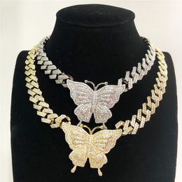 Mens Fashion Necklace Gold Plated Sparkling CZ Big Butterfly Pendant Cuban Chain Necklace for Men Women Hip Hop Punk Jewellery