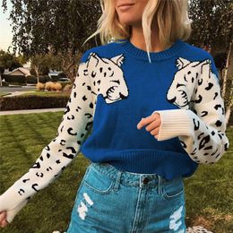 Ladies Leopard Printed Sweater Fashion Women Animal Print Patchwork O-Neck Long Sleeve Pullover Loose Sweaters Tops Blouse T200101